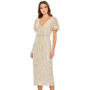 Sequined V neck Flutter Sleeve Tea Length Dress